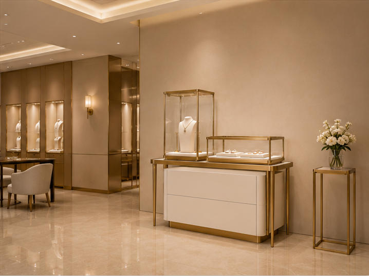 Mixed-Height Gold and White Jewelry Display Console | Tower + Case Set 10 Mixed-height gold and white jewelry display console in boutique setting
